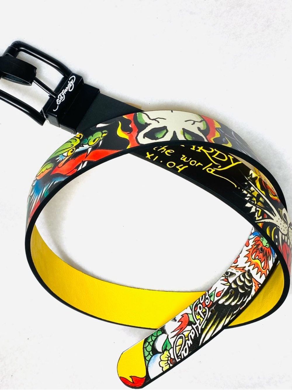 Ed Hardy Reversible Belt Mens 38 Tattoo Graphic Black Yellow Dragon Buckle NWT